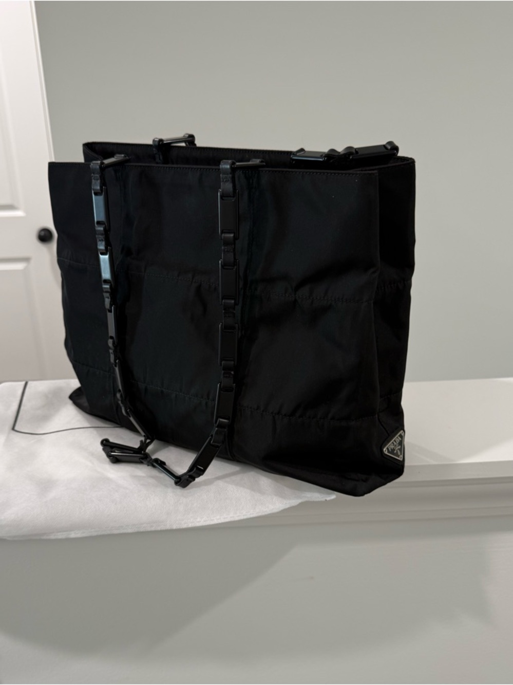 Prada Black Nylon Shoulder Tote with Chain-Link Straps